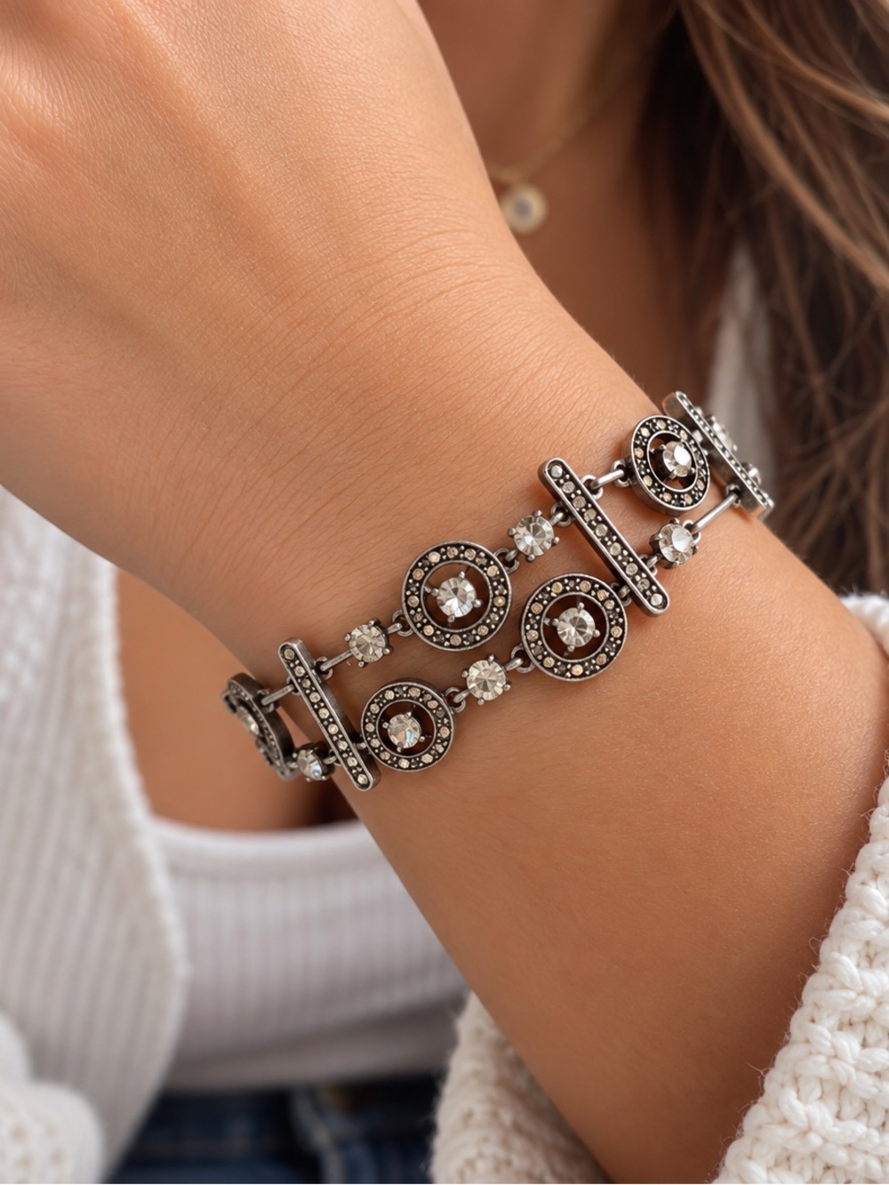 Elegant Silver-Tone Crystal Link Bracelet - Women's Jewelry